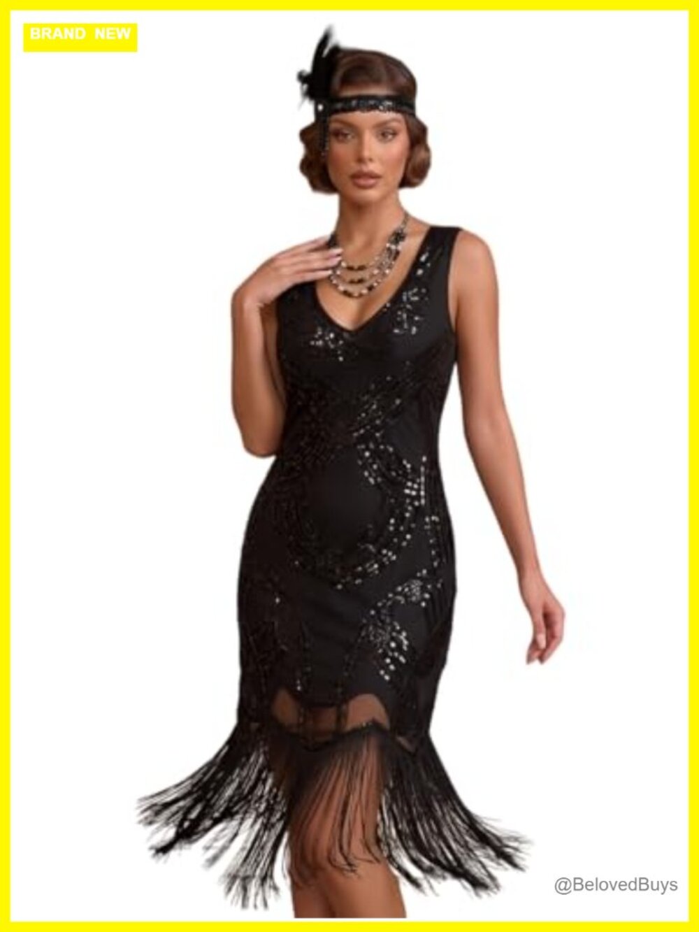 1920s Gatsby Sequin Beaded Fringed Flapper Cocktail Dress V Neck Sleeveless